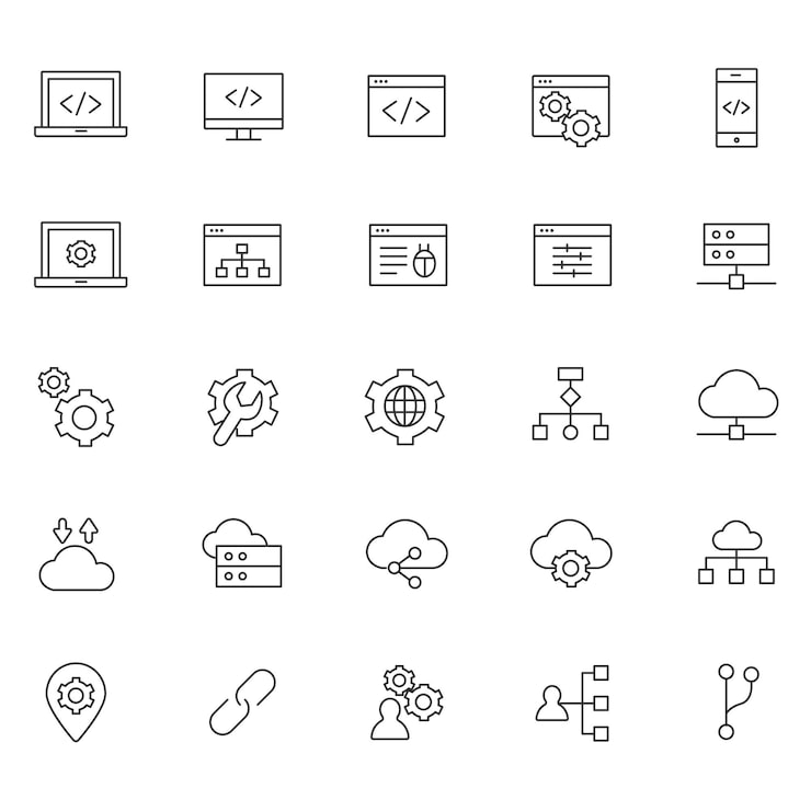 Line Art Web Development Icons Vector HTML CSS JavaScript Coding Design SEO Analytics Icons