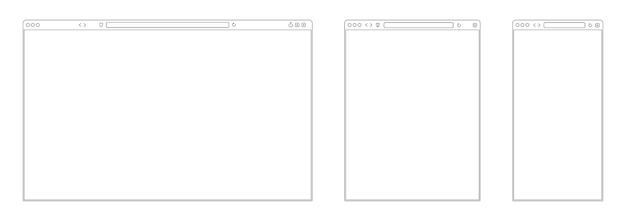 Vector line browser mockup web page frame for mobile tablet and desktop computer screens different devices internet browser interface mockup vector simple site layout set