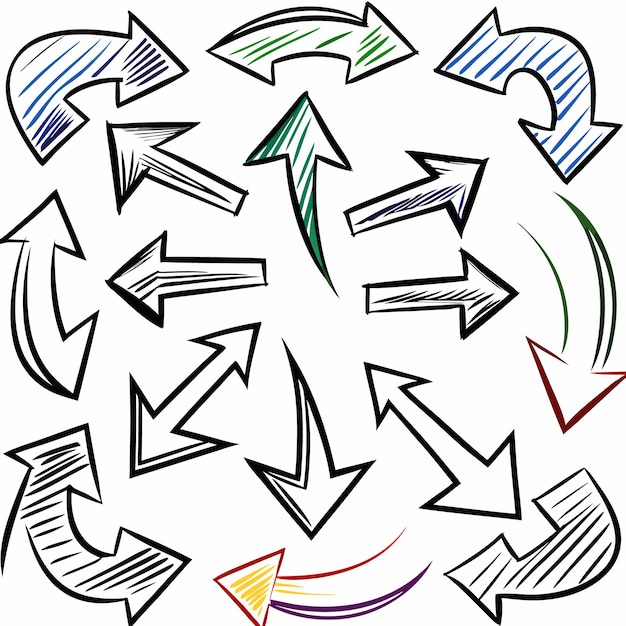 Vector line icon collection of hand drawn colorful arrows vector