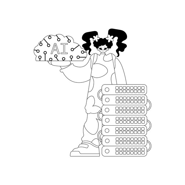 Vector a linear vector graphic style depicting a girl and ai server with an ai theme