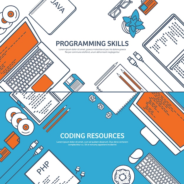 Vector lined programming coding and seo outline computing background code hardware software web development