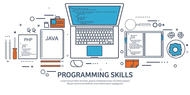 Vector lined programming coding and seo outline computing background code hardware software web development