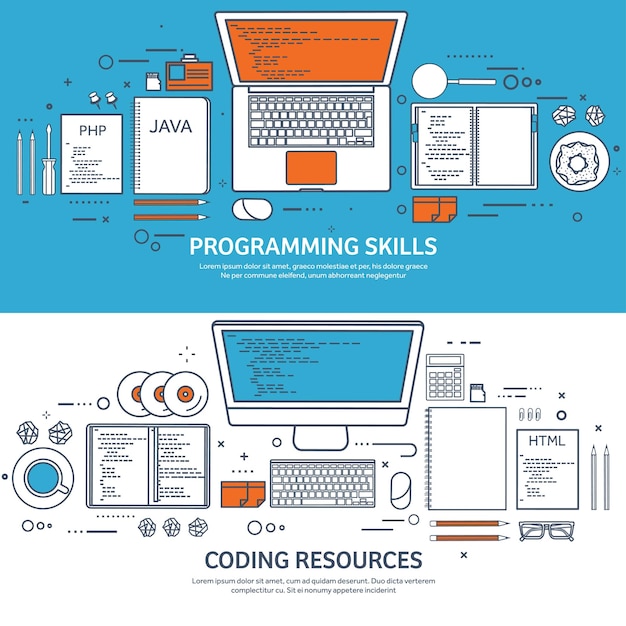 Vector lined programming coding and seo outline computing background code hardware software web development