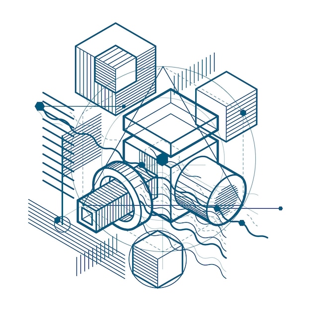 Vector lines and shapes abstract vector isometric 3d background. layout of cubes, hexagons, squares, rectangles and different abstract elements.