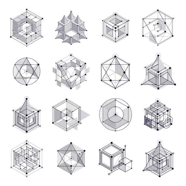 Vector lines and shapes abstract vector isometric 3d black and white backgrounds set. abstract scheme of engine or engineering mechanism. layout of cubes, hexagons, squares, rectangles and different elements