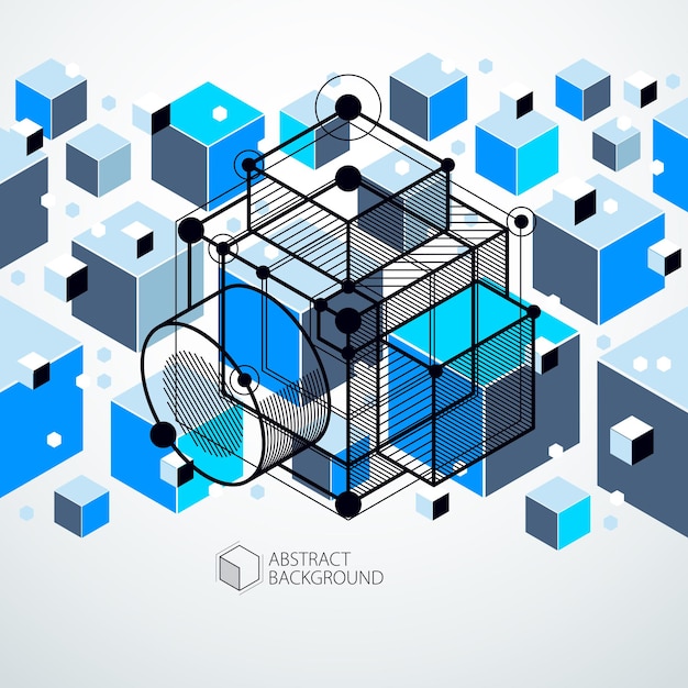 Vector lines and shapes abstract vector isometric 3d blue background. abstract scheme of engine or engineering mechanism. layout of cubes, hexagons, squares, rectangles and different abstract elements.