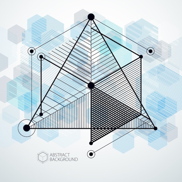 Vector lines and shapes abstract vector isometric 3d blue background. abstract scheme of engine or engineering mechanism. layout of cubes, hexagons, squares, rectangles and different abstract elements.