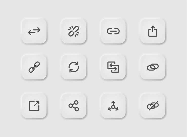 Link icon set in neumorphism style Icons for business white user interface UI UX Share symbol Hyperlink upload redirecting url website chain loading Neumorphic style Vector illustration