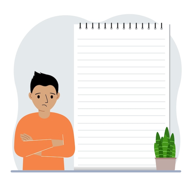 Vector little boy next to a large notepad or large notebook the concept of filling a notebook writing notes