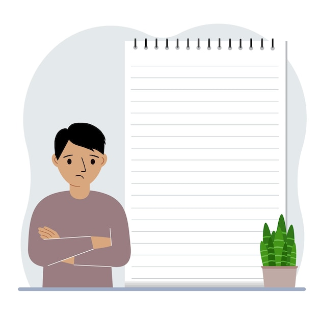 Vector little boy next to a large notepad or large notebook the concept of filling a notebook writing notes