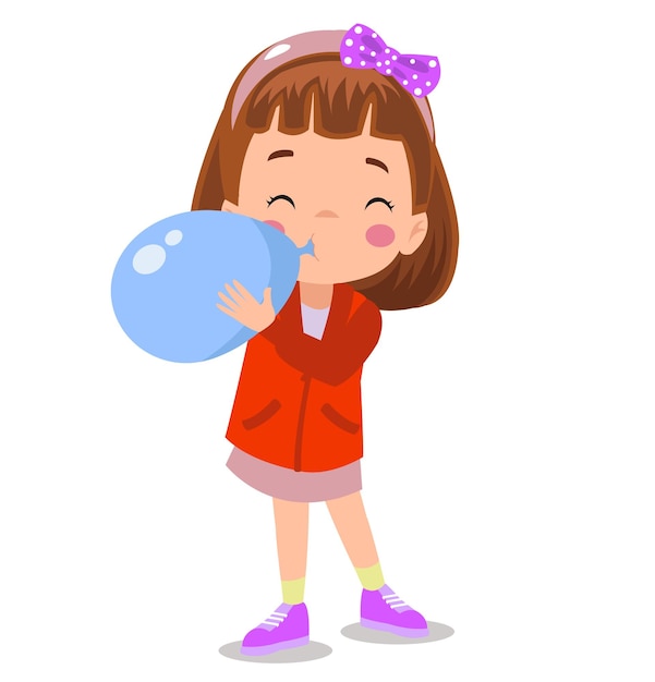 Vector little kid standing and blowing a balloon