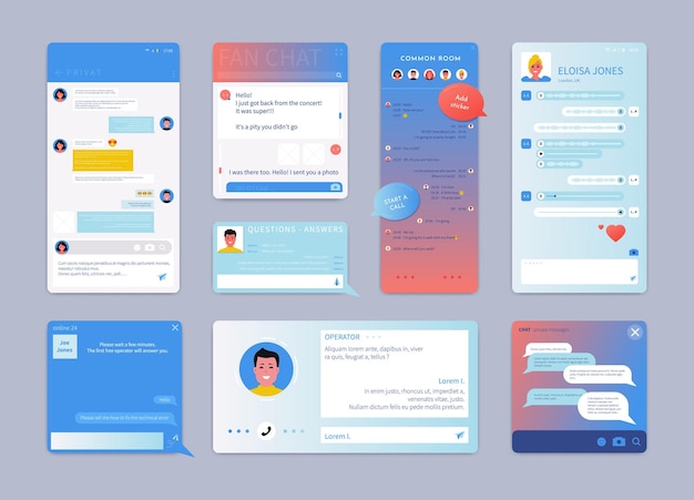 Vector live chat app ui ux chatbot design smartphone screen of web support text messages on website page instant form mobile group communication vector phone messenger interface template