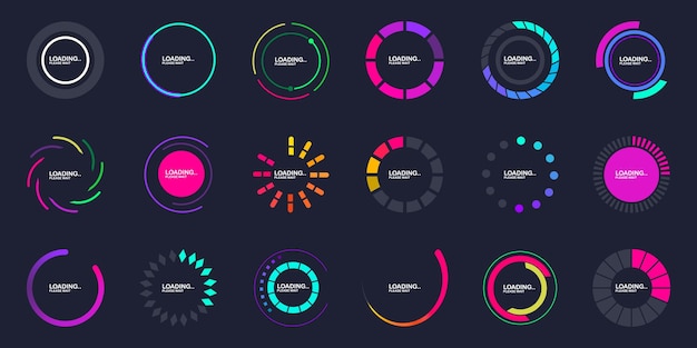 Vector loading circle bar collection loading progress or status bar set of round loading icons loading progress bars load or download and upload web icons