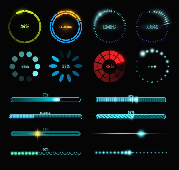 Vector loading process and status bar icons, hud interface. vector sci fi digital futuristic elements for dashboard, technology style neon glowing ui navigation for game menu design or web site data load