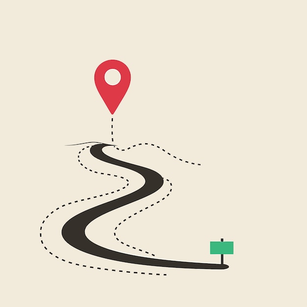 Vector location pin with winding dashed arrow