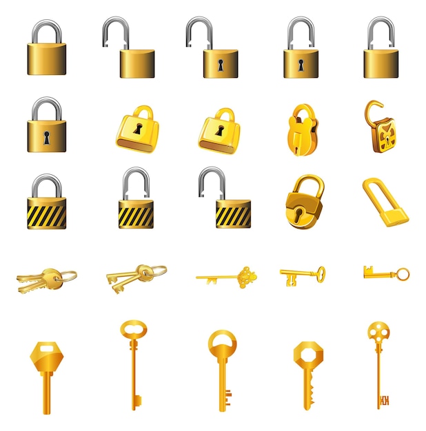 Vector lock and keys set. padlock set with keys. set of locks with keys. golden lock and keys set.