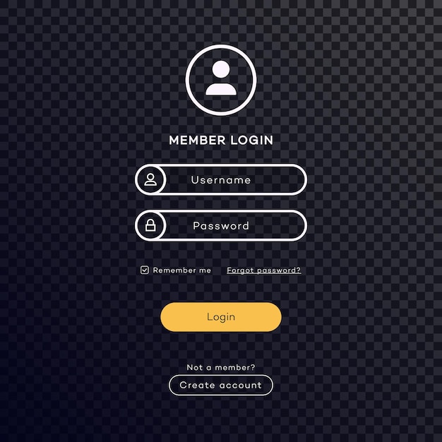 Vector login form page dark theme on transparent background for app development smartphone mockups website ui elements online login form registration user profile access to account vector 10 eps
