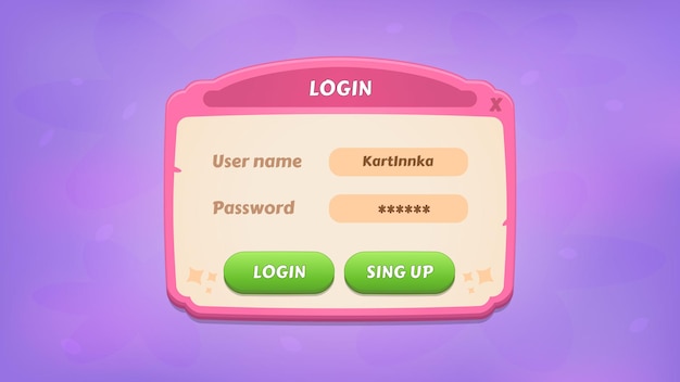 Vector login gui kit casual assets for a game mobile a set of user interface elements and popups for the game interface