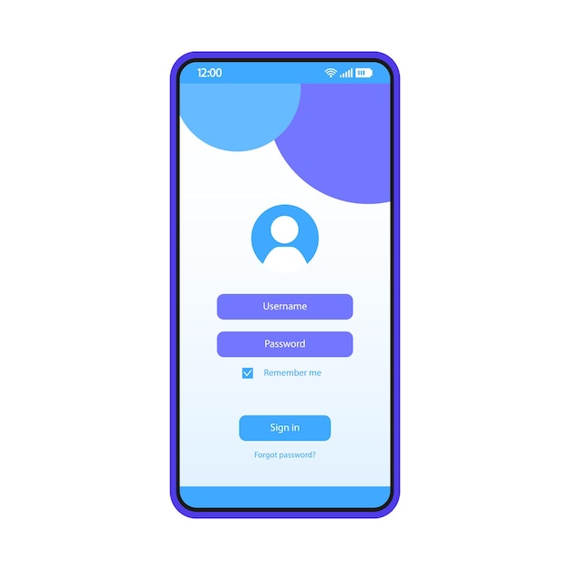 Vector login page smartphone interface vector template. mobile app page blue design layout. username, password fields. user authorization screen. flat ui for application. forgot password. phone display