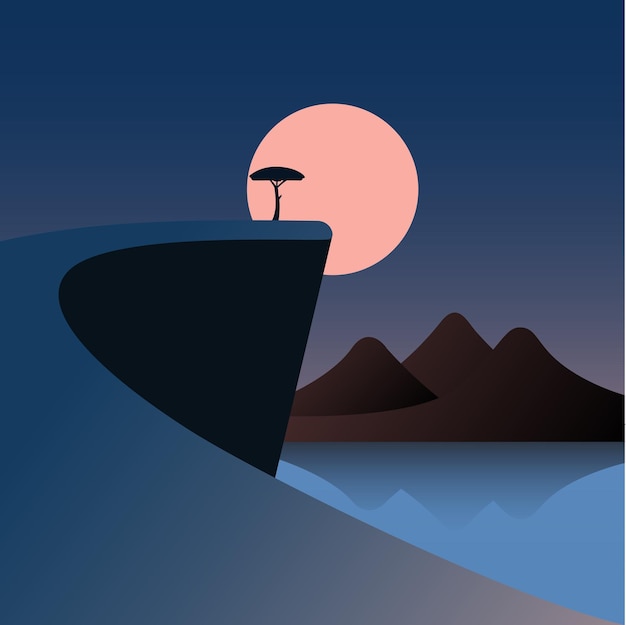 Vector lone tree on futuristic cliff at dusk horizon