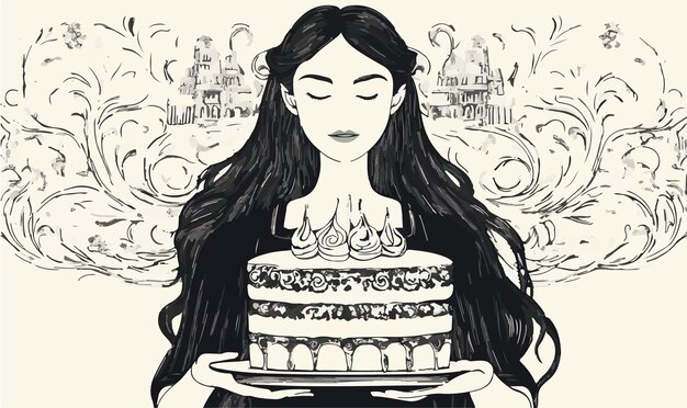 Vector longhaired baker presenting a delicious cake