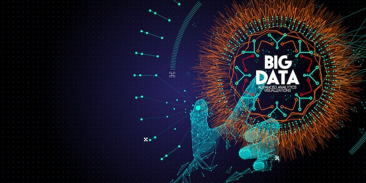 Low polygon Hand touching Big data advanced technology and visualization with Fractal element with lines and dots array.