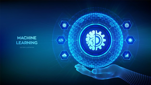 Vector machine learning ai artificial intelligence data mining big data algorithm neural network 3d sphere with surface of hexagons with machine learning icon in wireframe hand vector illustration