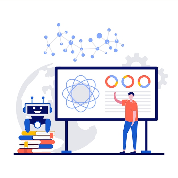 Vector machine learning artificial intelligence computer science with teacher giving lecture to robot in flat design