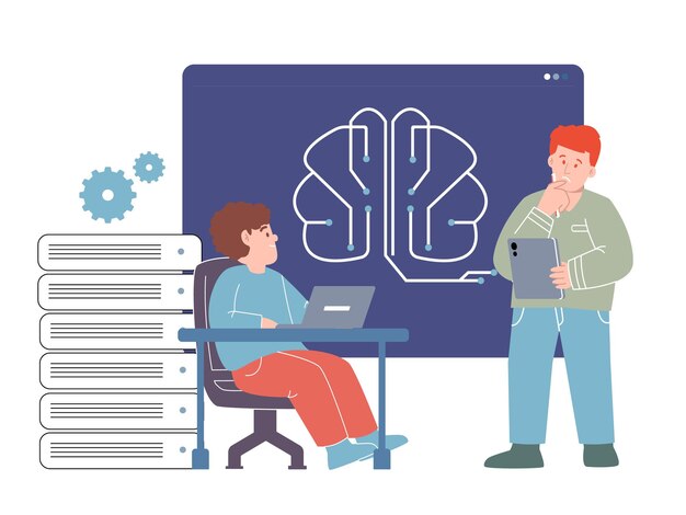 Vector machine learning engineer ai artificial intelligence software developer programmer brain and server