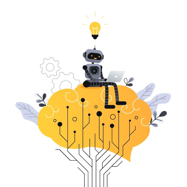 Vector machine learning vector website template, landing page design for website and mobile site development. artificial intelligence, robotics, cyber mind technology concept with robot character