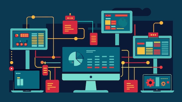 Vector a macro photo of computer screens displaying intricate production plans and algorithms highlighting