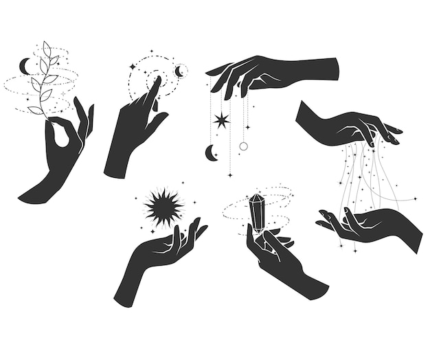 Vector magic wizardry and fortunetelling woman hands practicing witchcraft incantation magic spells and sorcery of sorceress vector