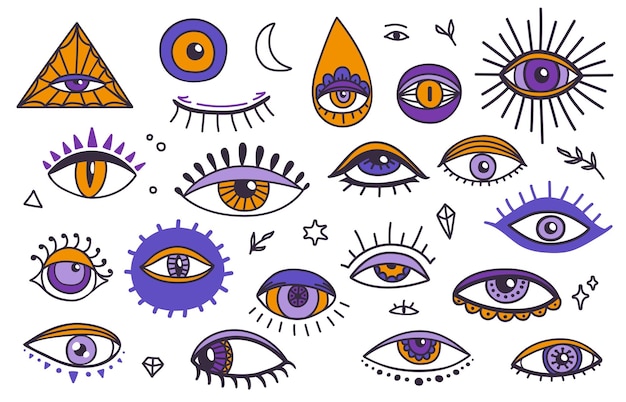Vector magical witchcraft occult and mystic eyes symbols