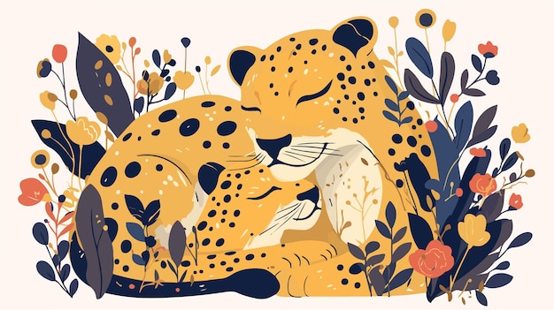 Vector majestic leopard with cub in a floral setting