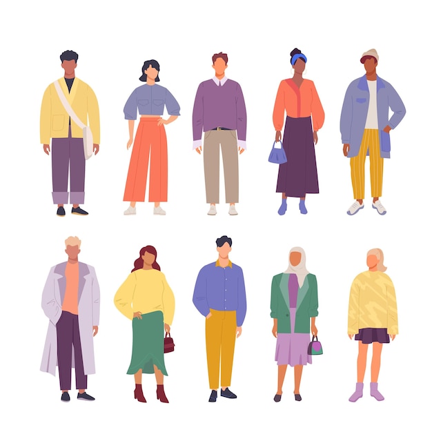 Vector male and female characters dressed in trendy clothes set of well dressed casual stylish street outfi