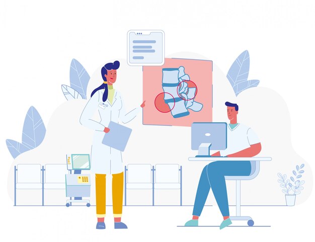 Vector male and female doctor in coats discuss healthcare