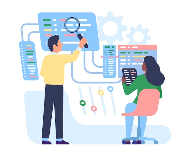Vector male and female software testers people testing application or website code programmers searching bugs pc system correction computer programming and network coding vector concept