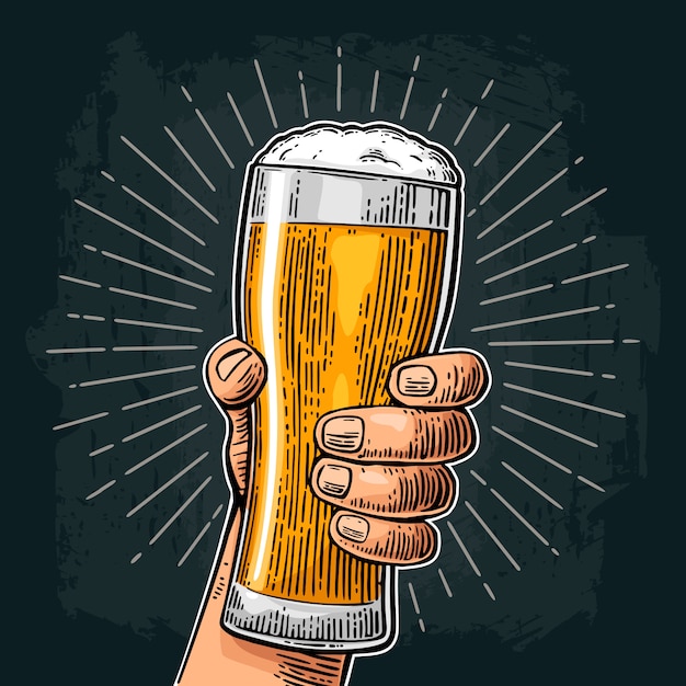 Vector male hand holding beer glass. born to drink beer