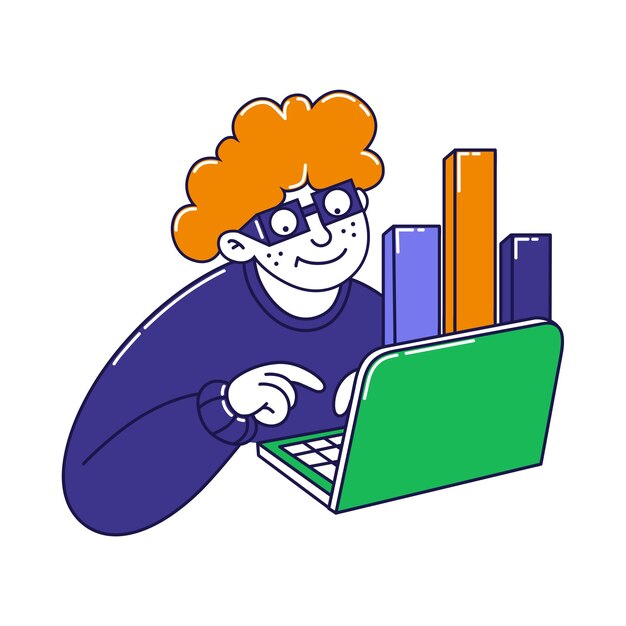 Vector man analyzing data on laptop with chart