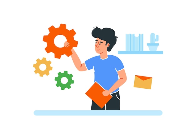 Vector man assembling gears symbolizing teamwork and problem-solving