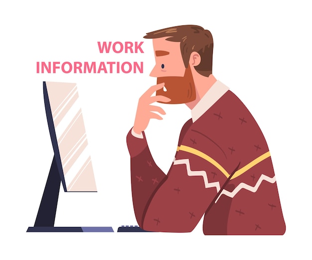 Vector man character sitting at computer screen working with information analyzing data and browsing internet vector illustration