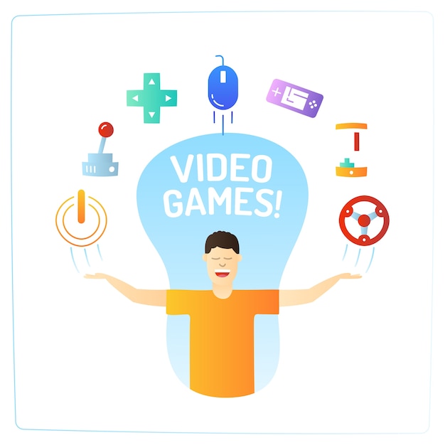 Vector a man character with video game doodle icons