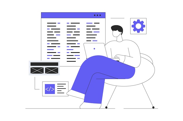 Vector man character works on laptop and programs in programming languages software development