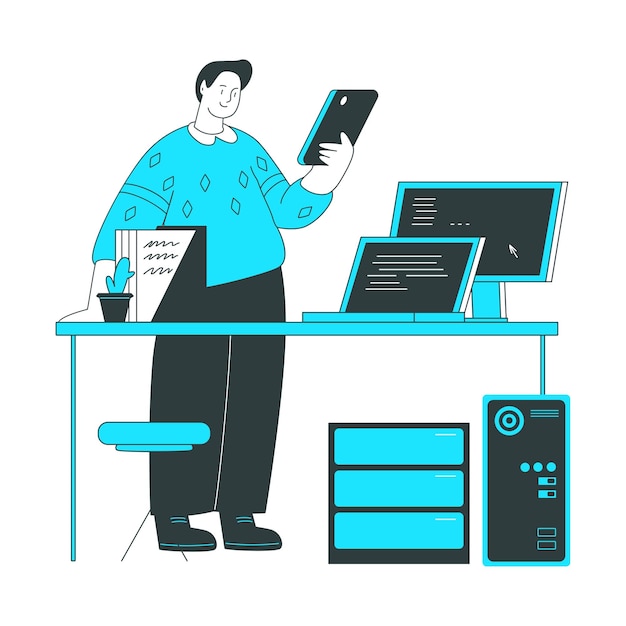 Vector man checks the status of the computer system