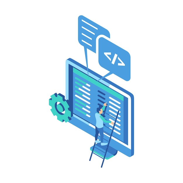 Vector a man climbing up the stairs to view the analytics chart of data on computer monitor