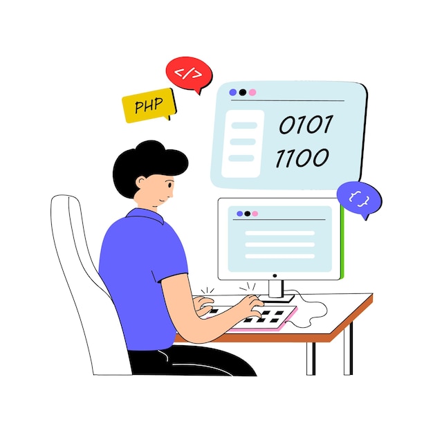 Vector a man coding on desktop computer developing software
