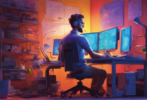 Vector man in a computer in the officeman in a computer in the officeyoung man working on computer in the