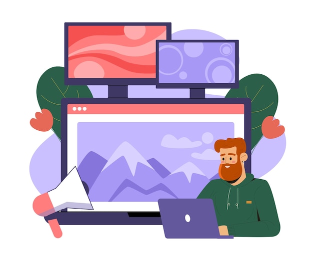 Vector man creates banners young guy with laptop creates posters for website graphic designer develops