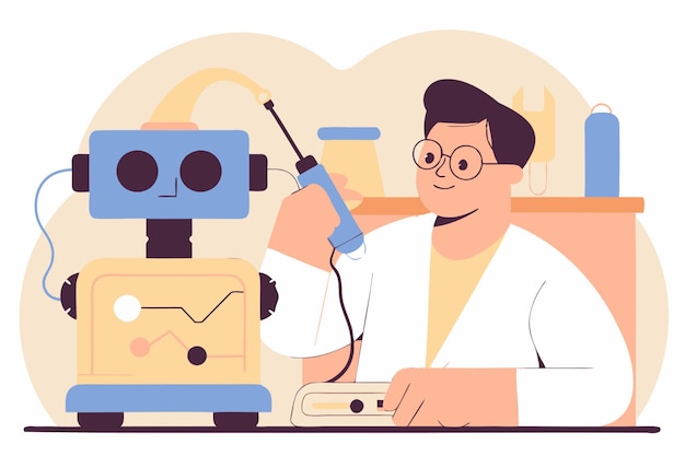 Vector man creating robot engineer at work innovation concept tech development human and machine