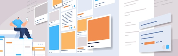 Vector man developer using smartphone creating mobile app ui interface web application development program software optimization concept horizontal full length vector illustration